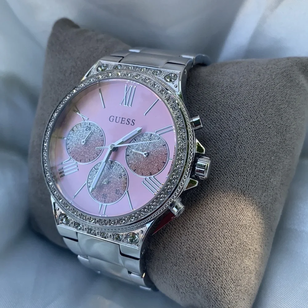 New GUESS Silver & Pink Chronograph Watch